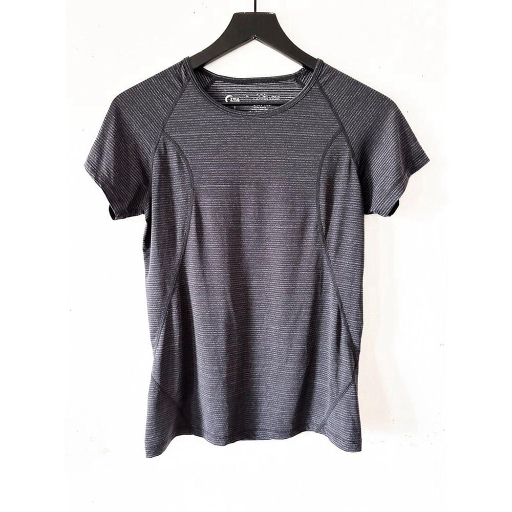 Zyia Active Striped Performance Short Sleeve Workout Tee Gray Black Sz S